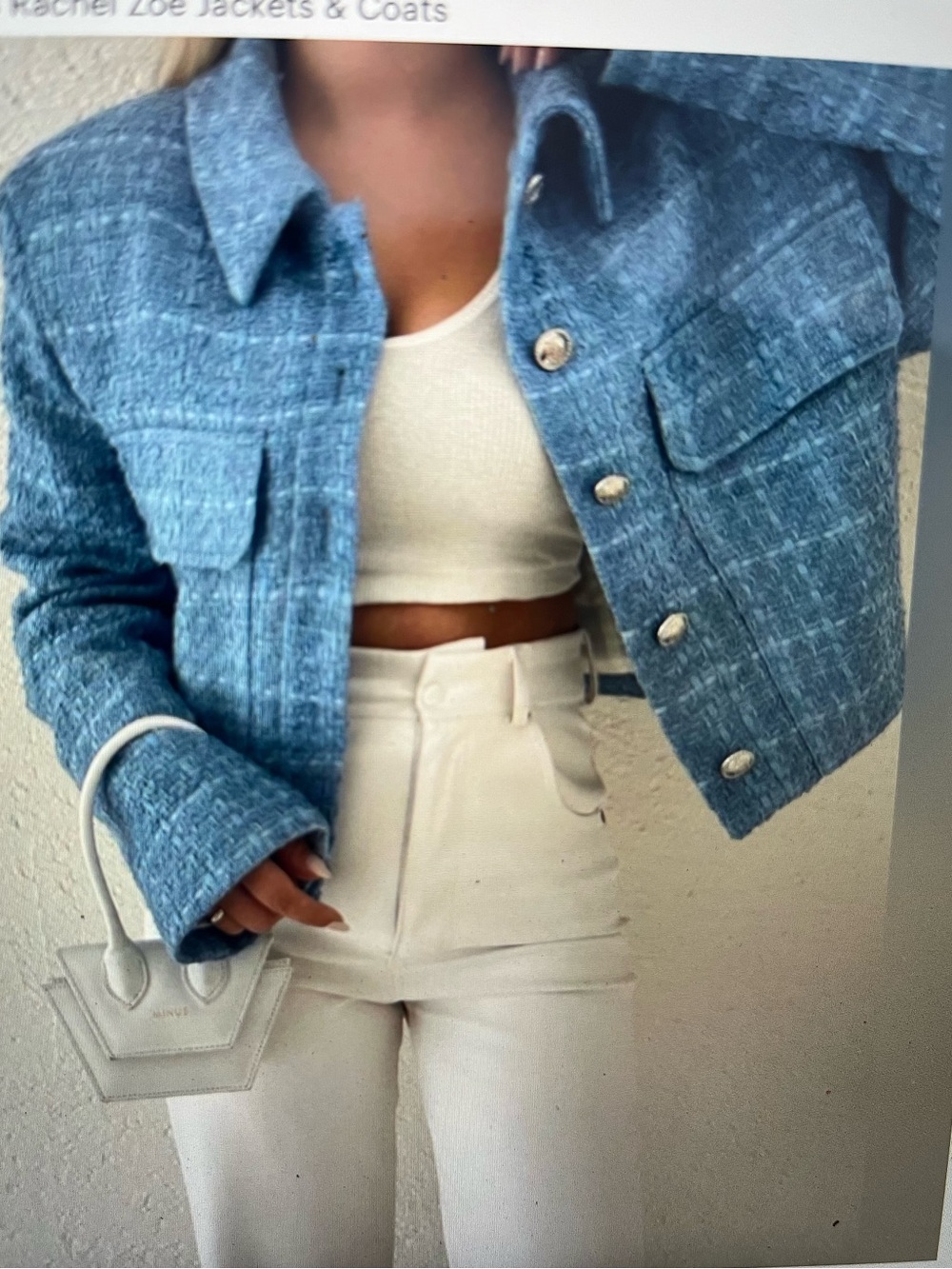 Rachel Zoe Light Blue Tweed Blazer with Gold Buttons
